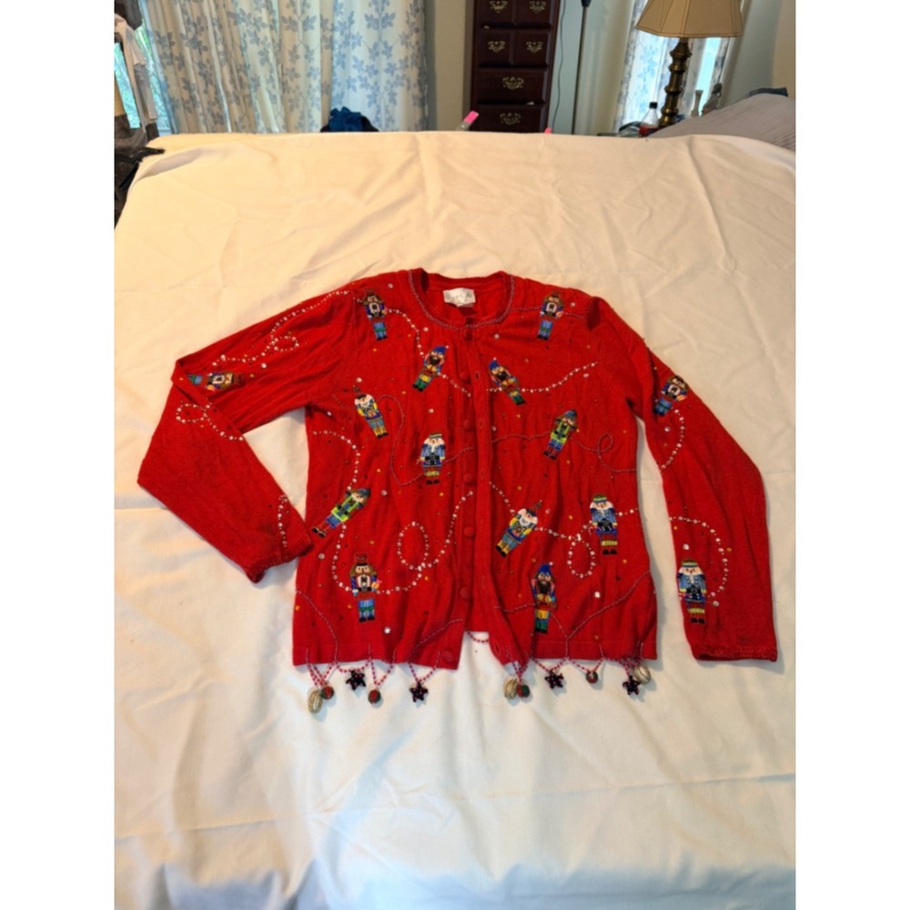Just B Red Nutcracker Christmas Cardigan Beaded Sequin Holiday Ugly Sweater S